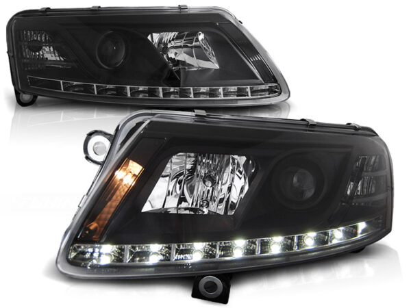 Frontlykter Audi A6 C6 04-08 Xenon TRU DRL Svart – uten AFS
