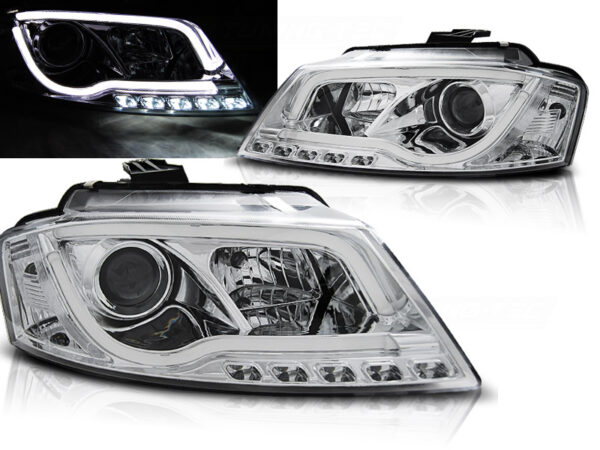 Frontlykter Audi A3 8P 08-12 Tube Lights DRL Krom – bilde 1 av 2