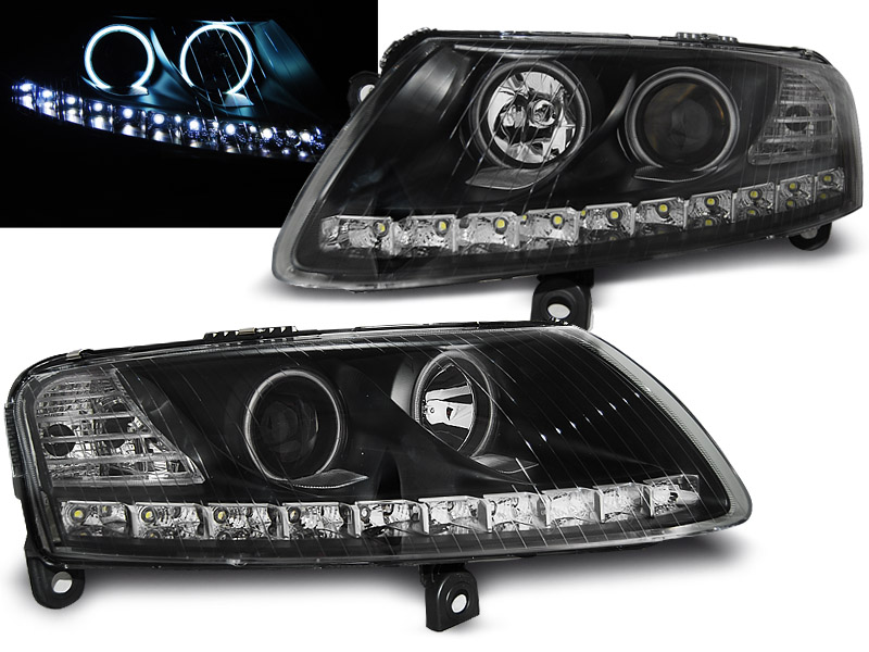Frontlykter Audi A6 C6 04.04-08 Angel Eyes Led Black