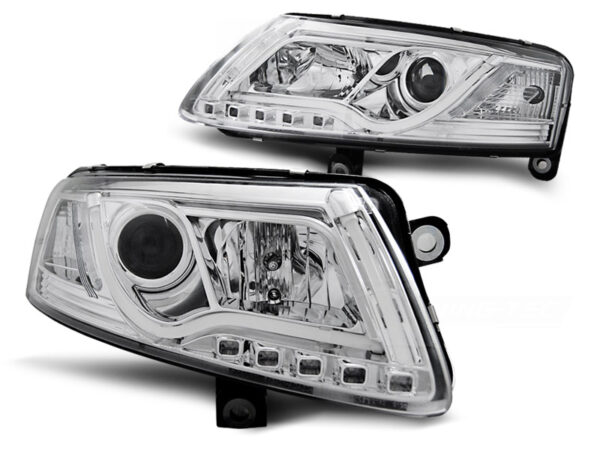 Frontlykter Audi A6 C6 04-08 Xenon Tube Lights DRL Krom
