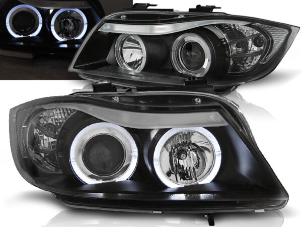 Frontlykter BMW E90/E91 05-08 Angel Eyes Svart – bilde 1 av 6