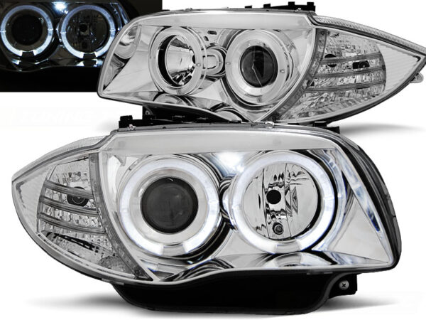 Frontlykter BMW 1 E87/E81/82/88 04-11 Angel Eyes Krom – bilde 1 av 2