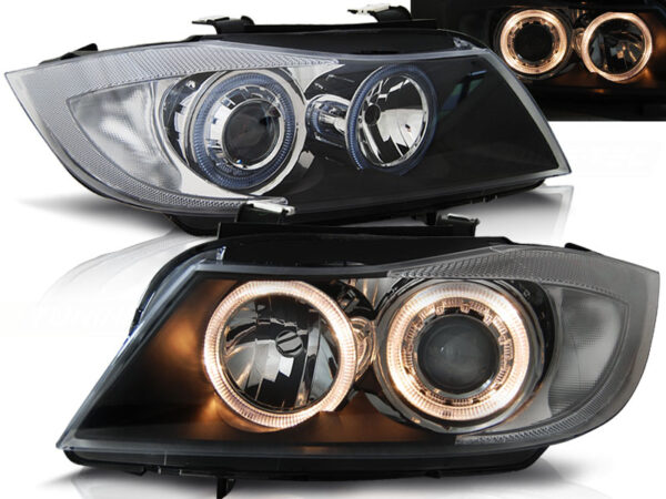 Frontlykter BMW E90/E91 05-08 Angel Eyes Svart – bilde 1 av 2