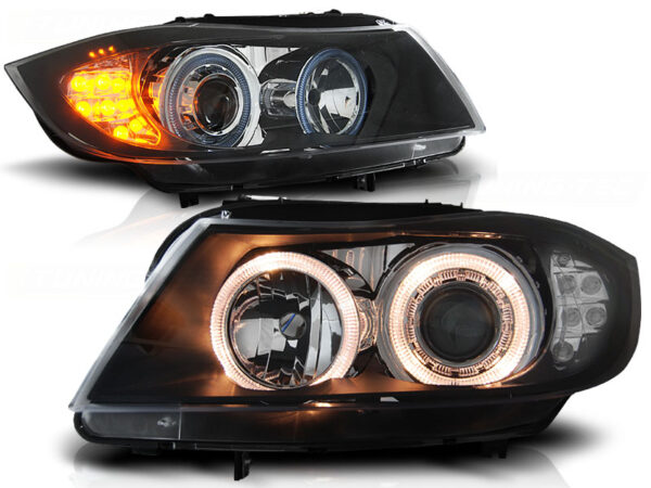 Frontlykter BMW E90/E91 03.05-08.08 Angel Eyes Svart LED Blinklys – bilde 2 av 2