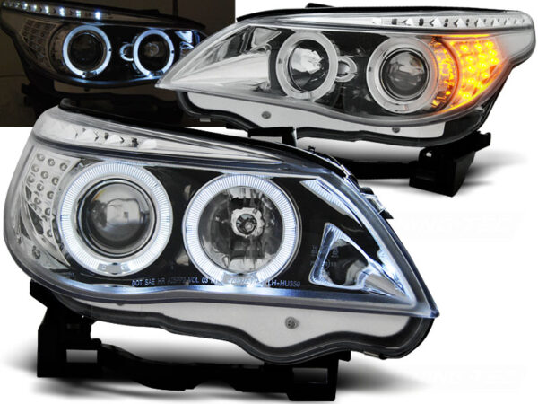 Frontlykter BMW E60/E61 03-07 Angel Eyes Krom LED Blinklys – bilde 1 av 2
