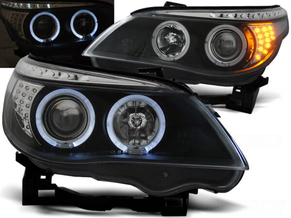 Frontlykter BMW E60/E61 03-07 Angel Eyes Svart LED Blinklys – bilde 1 av 2