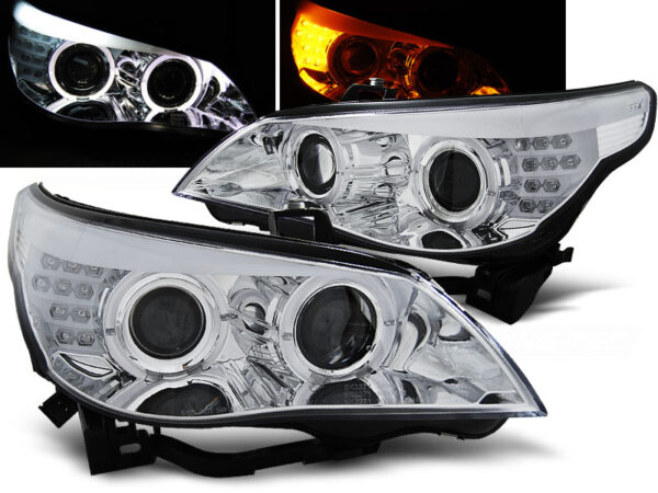 Frontlykter BMW E60/E61 03-07 Angel Eyes Krom LED Blinklys – bilde 1 av 2