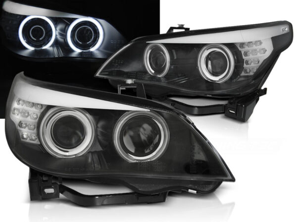 Frontlykter BMW E60/E61 03-07 Angel Eyes CCFL Svart LED Blinklys – bilde 1 av 2