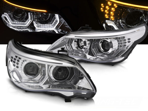 Frontlykter BMW E60 E61 03-07 Angel Eyes LED 3D Krom – for halogen – bilde 1 av 2