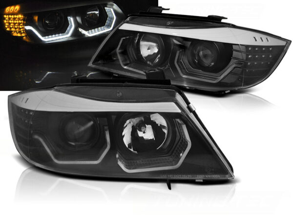 Frontlykter BMW E90/E91 05-08 Angel Eyes LED 3D Svart – bilde 1 av 5