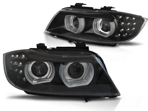 Frontlykter BMW E90/E91 09-11 Xenon Angel Eyes LED DRL Svart – uten AFS – bilde 2 av 2
