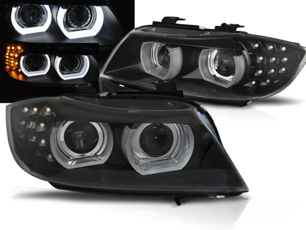 Frontlykter BMW E90/E91 09-11 Xenon Angel Eyes LED DRL Svart – uten AFS – bilde 1 av 2