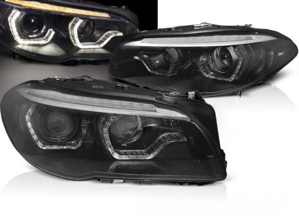 Frontlykter BMW F10/F11 10-13 Xenon Angel Eyes LED DRL Svart SEQ – uten AFS – bilde 1 av 2