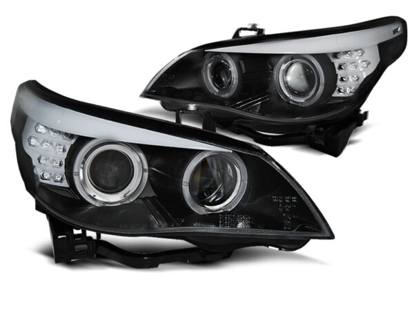 Frontlykter BMW E60/E61 05-07 Xenon D1S Angel Eyes Svart LED Blinklys