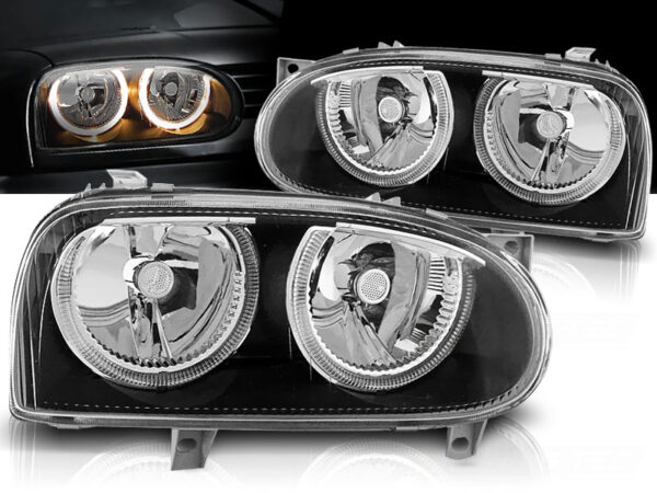 Frontlykter VW Golf 3 09.91-08.97 Angel Eyes Svart – bilde 1 av 2