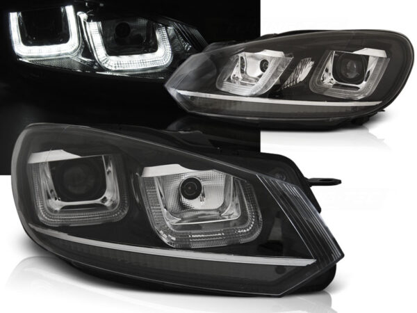 Frontlykter VW Golf 6 08-12 U-LED Light DRL Svart Krom Line – bilde 1 av 2
