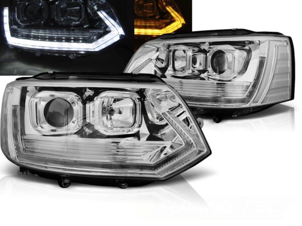 Frontlykter VW T5 10-15 Tube Lights T6 Look Krom DRL SEQ – bilde 1 av 2