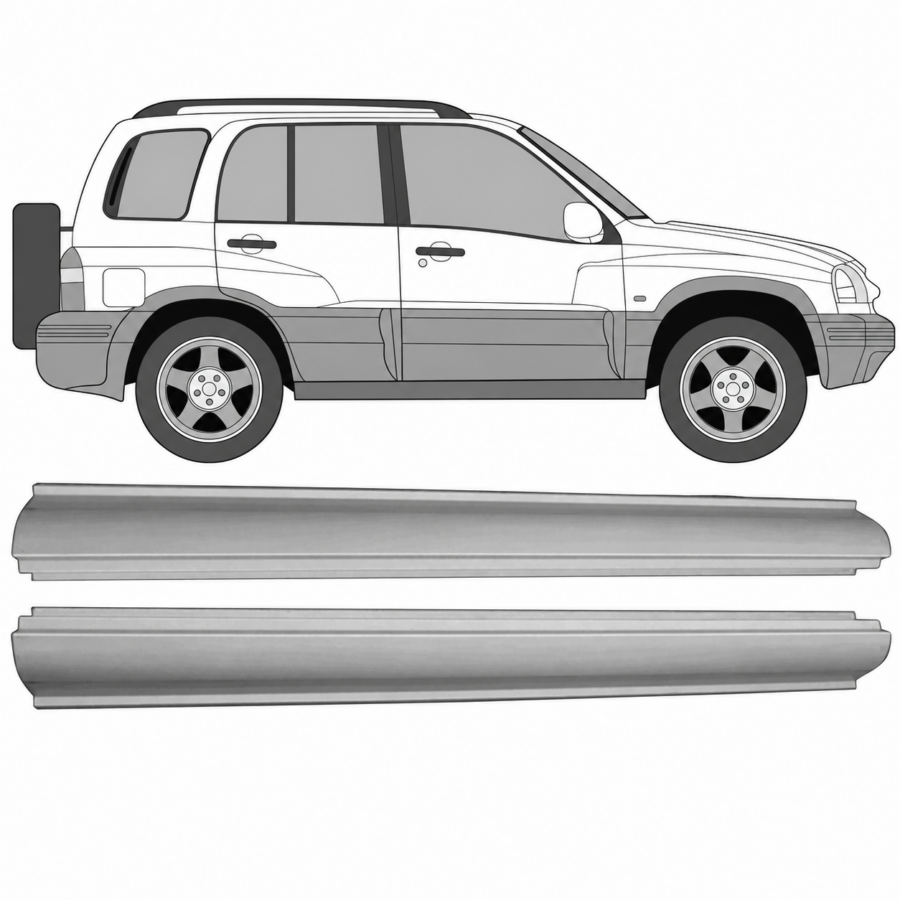 Terskelplater Suzuki Grand Vitara 1997–2005 – Venstre + Høyre Sett – bilde 1 av 2