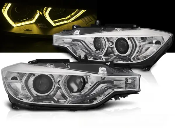 Frontlykter BMW F30/F31 11-15 Angel Eyes Gule LED Drl Krom – bilde 1 av 2