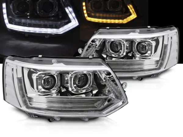 Frontlykter VW T5 10-15 Full LED-rørlys T6-look Krom Drivrute Seq – bilde 1 av 2